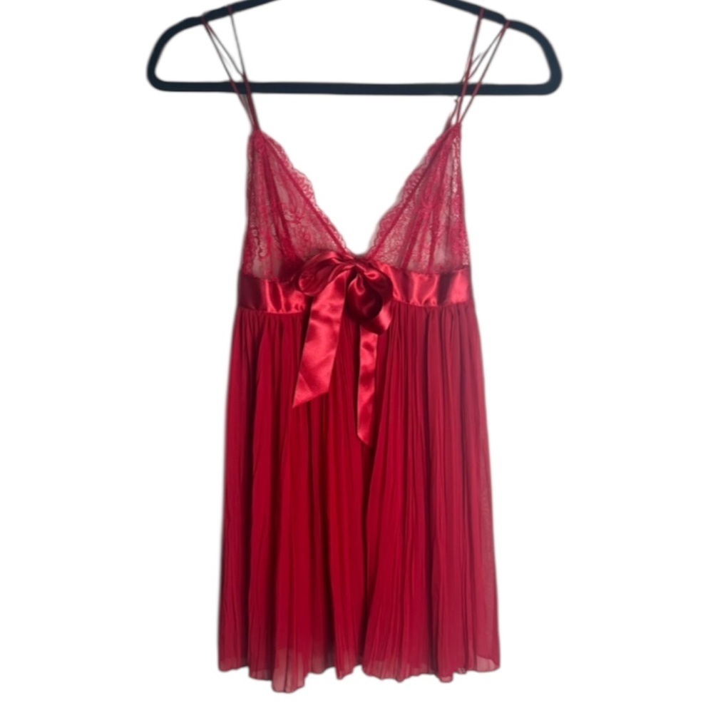 Victoria’s Secret Pleated Lace Babydoll Nightie Bow Red Sheer